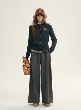 IHDXD 拼接深色毛衣2024年秋季复古休闲风长袖开衫外套