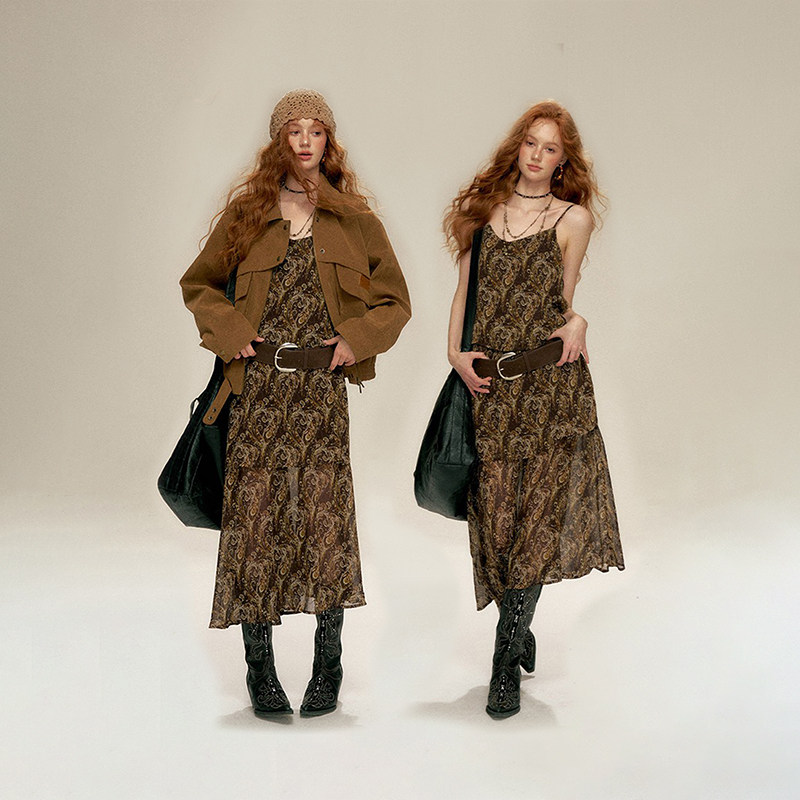 IHDXD棕色机车外套/腰果花吊带裙