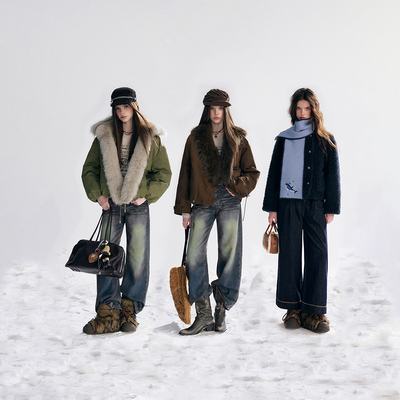 IHDXD咖色毛领外套/复古绿毛领外套/围巾毛绒外套/花边牛仔裤