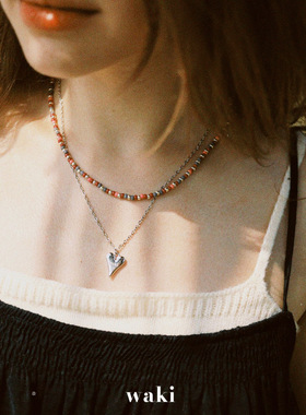 waki 夏夜银河  Summer Galaxy 灰粉色系爱心吊坠双层串珠项链