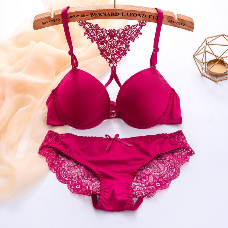 内衣前扣式红色文胸女聚拢蕾丝性感小胸专用聚拢防下垂提胸罩套装