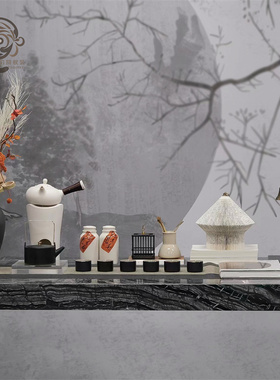 样板间新中式书桌摆件套装组合书房纸雕茶道杯茶室茶具装饰品组合