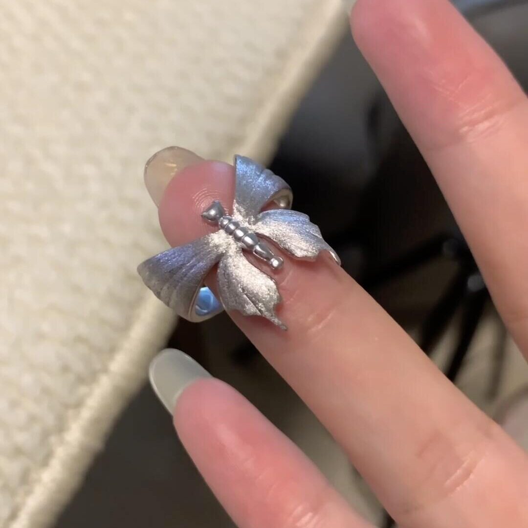 法国cherry kitty中式复古意大利手工拉丝缎面蝴蝶戒指女s925银素