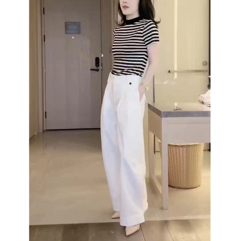 法国coopkoop春夏新款条纹短袖t恤白色休闲长裤女装潮