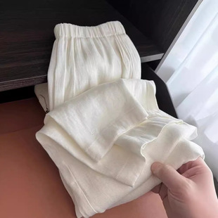 法国chrry koop年棉麻女装大码胖妹妹阔腿裤女白色亚麻裤子女