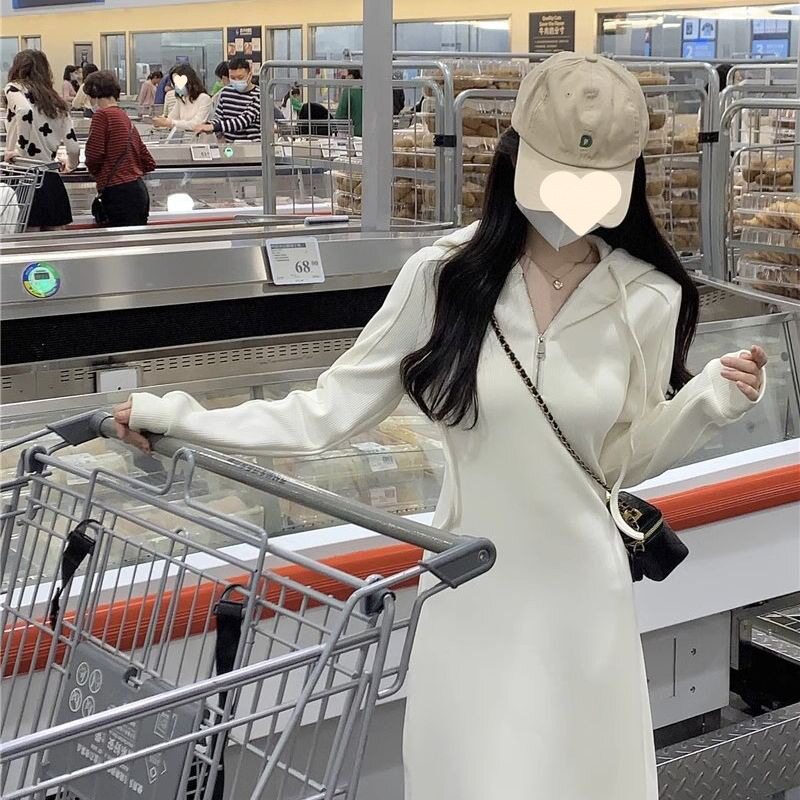 法国chrry koop秋季年连帽卫衣白色长袖连衣裙子女高级感小个子