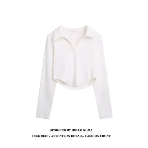 秋装bmT恤小众polo领纯QIAOFUDUO-长袖翻领短款欲女设计感不规则