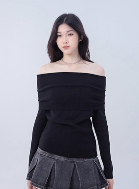 PA33WORD 原创法式修身显瘦设计感百搭一字领露肩针织衫