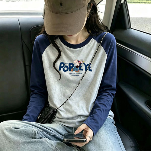 常规款撞色插肩长袖t恤女2026早秋季慵懒风休闲日常圆领正肩上衣
