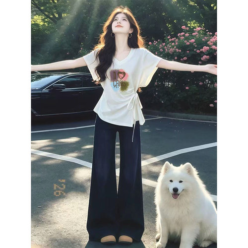 韩系白色v领露锁骨短袖t恤女收腰夏季ins设计绑带显瘦蝙蝠袖上衣