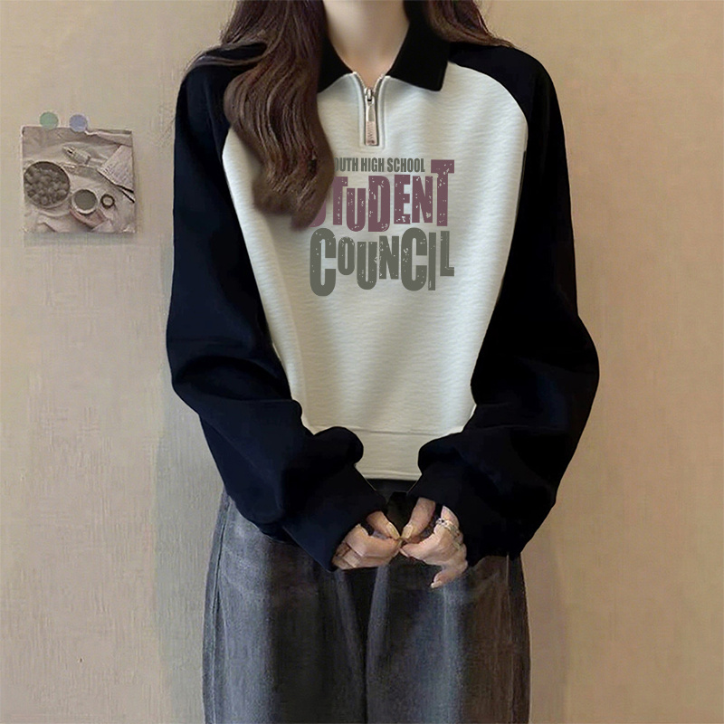 polo领半拉链插肩卫衣女微胖mm遮肉秋冬加绒加厚2025纯色爆款外套