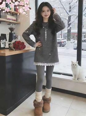 中长款超好看打底衫女2026新款春秋季蕾丝花边t恤灰色亮闪闪上衣