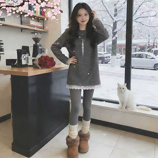 中长款超好看打底衫女2026新款春秋季蕾丝花边t恤灰色亮闪闪上衣