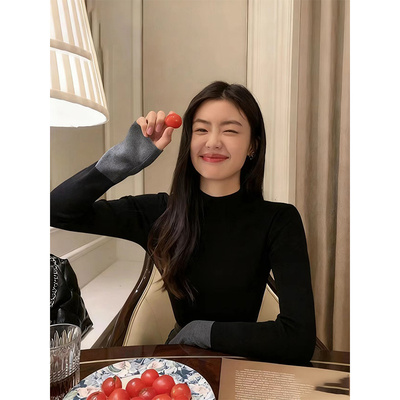 法式半高领磨毛体恤上衣女chic绝美撞色打底秋冬季内搭高级感长袖