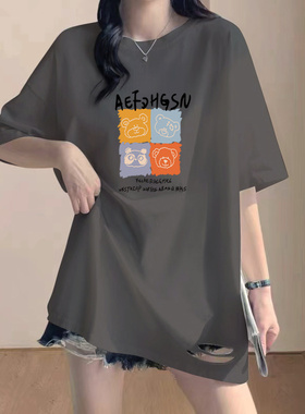 超火cec灰色宽松短袖t恤女2025夏季新款中长款半袖女装破洞上衣服