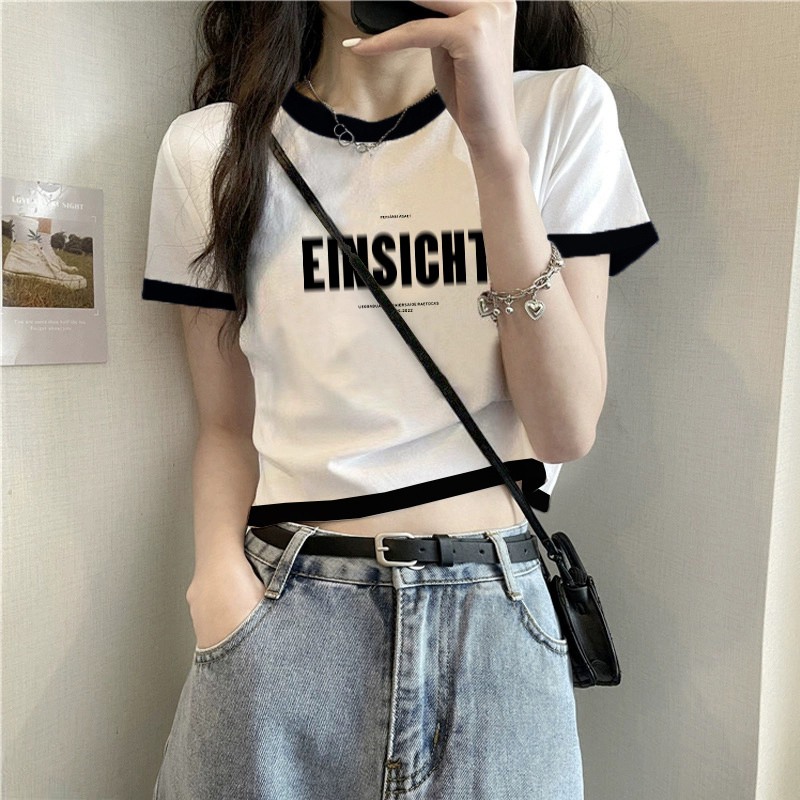 设计感小众辣妹复古撞色拼接短款T恤夏季女装短袖圆领上衣潮ins