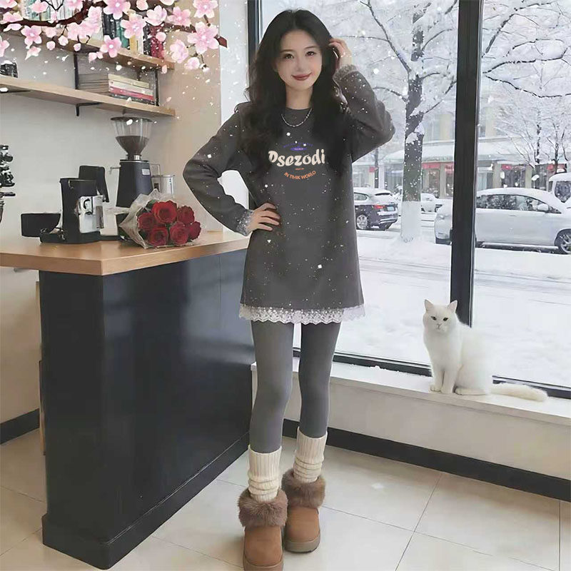 磨毛打底衫女中长款遮屁股上衣蕾丝下摆慵懒洋气宽松撞色长袖t恤,女装/女士精品,T恤,淘宝优惠券,粉丝福利购,淘宝优惠卷