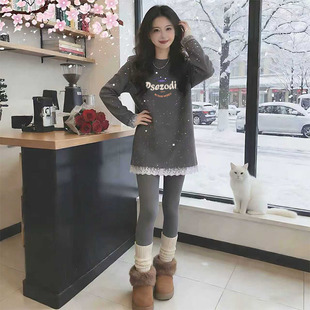 磨毛打底衫女中长款遮屁股上衣蕾丝下摆慵懒洋气宽松撞色长袖t恤