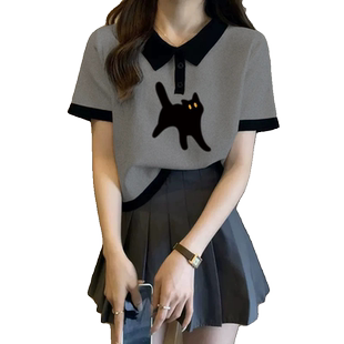 大码撞色polo领辣妹短袖t恤女正肩夏季美式简约印花短款百搭上衣
