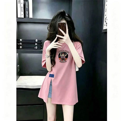 慵懒风粉色开叉T恤女中长款宽松显瘦遮肉设计感百搭夏季短袖上衣