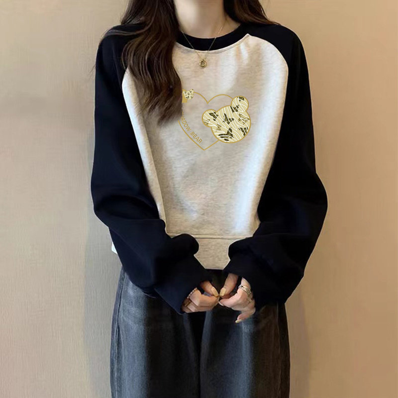 撞色加绒加厚秋冬季插肩学生小个子长袖女拼接宽松短款ins卫衣潮