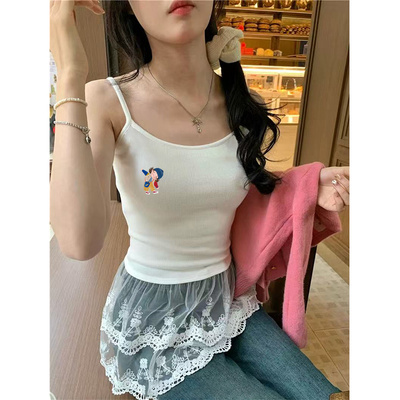 韩系辣妹蕾丝拼接吊带背心女春秋叠穿法式花边小屁帘无袖打底上衣