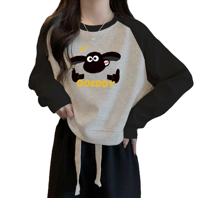 2025新款欧洲站撞色插肩圆领卫衣女小个子宽松纯棉慵懒短款上衣