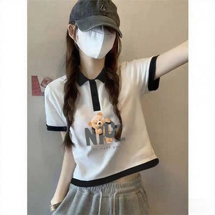美式 上衣高级感 复古学院风polo领正肩t恤女生夏季 小个子撞色短款