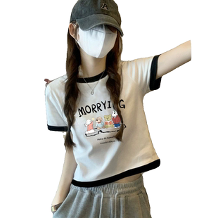 韩版休闲棉质短袖t恤女夏季2025年新款宽松显瘦撞色半袖短款上衣