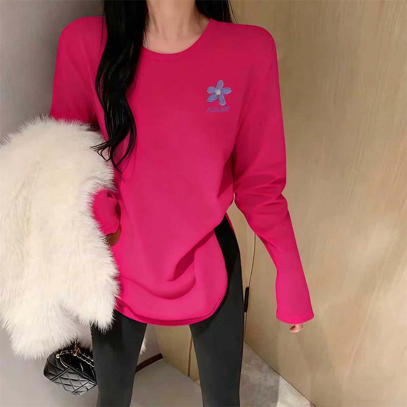 韩系中长款t恤女u型下摆上衣长袖字母印花打底衫2025新款女秋冬款