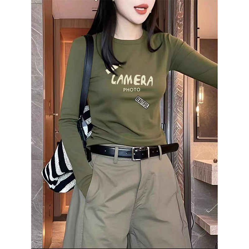 橄榄绿色长袖t恤女修身洋气体恤短款上衣百搭纯色打底衫女内搭潮图片