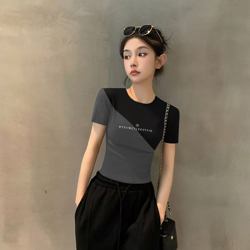 拼接t恤女2025夏季新款修身灰色圆领短袖小众设计半袖紧身上衣潮