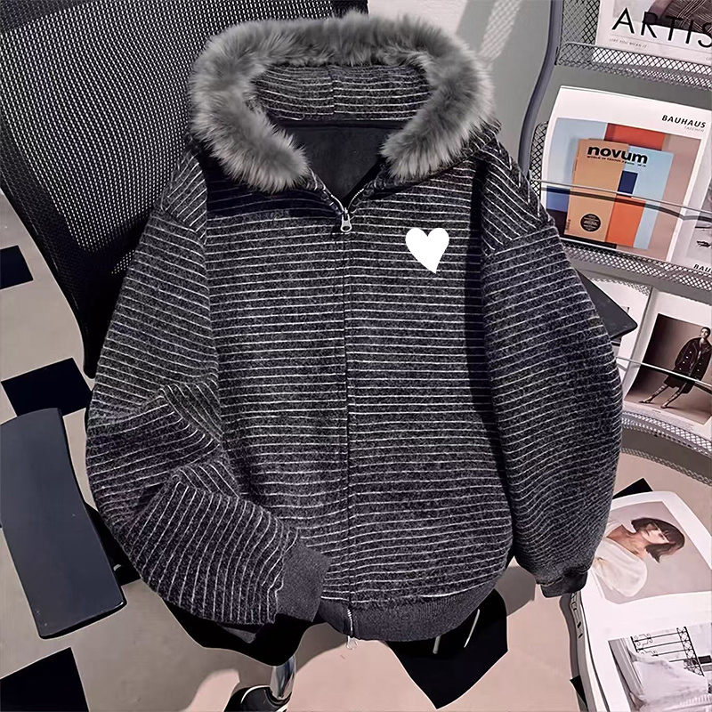 复古毛领连帽黑色条纹卫衣女小众设计感加绒加厚保暖秋冬季外套潮