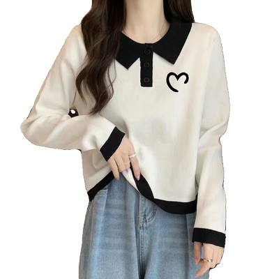 美式复古黑白撞色插肩袖长袖t恤女春秋季打底衫短款宽松显瘦上衣