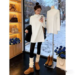2025德绒中长款遮臀t恤女秋冬加厚半高领白色打底衫内搭棉质上衣
