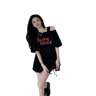 大码胖MM法式性感一字肩性格短袖女夏小众设计感显瘦中长款上衣潮