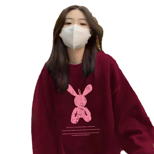 酒红色2022新款oversize圆领加绒加厚卫衣女秋冬卫衣ifashion冬装