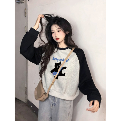 美式复古插肩袖无帽正肩卫衣女秋冬季爆款小个子加绒短款圆领上衣