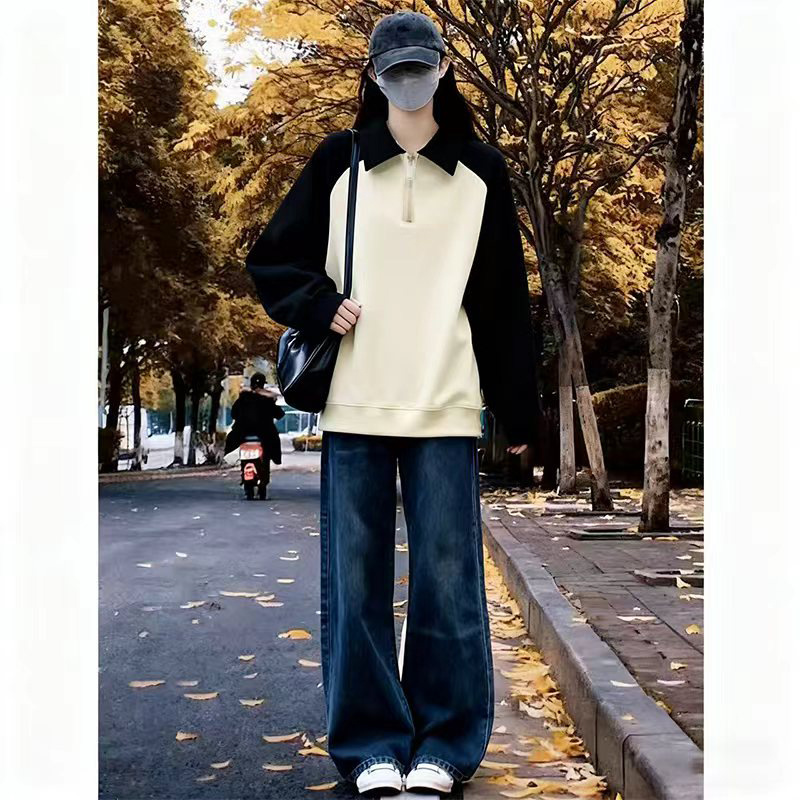 学院风Polo领半拉链卫衣女装潮牌ins秋冬季加绒美式复古上衣外套