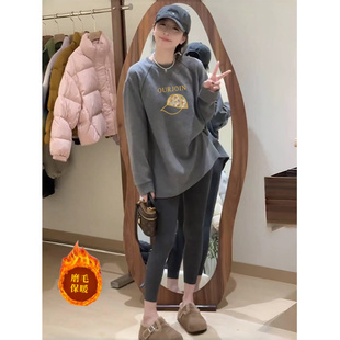 灰色磨毛中长款打底衫女秋冬遮屁股下装消失T恤卫衣配鲨鱼裤上衣