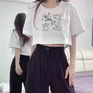 落肩百搭宽松显瘦短款 法式 美式 甜辣妹短款 t恤女士 上衣服夏日小衫