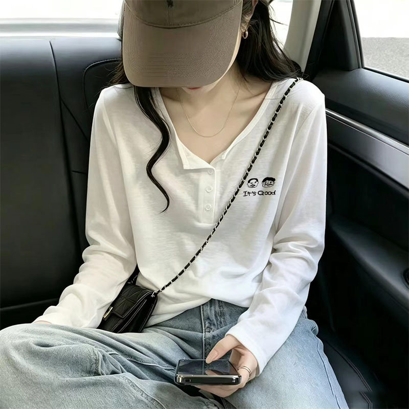 纯色正肩亨利领雪花棉短袖t恤春秋季大码女装宽松纽扣设计感上衣