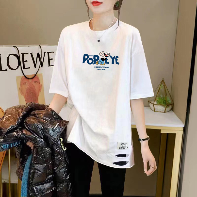 2025夏季新款下摆破洞中长款白色t恤女短袖纯棉宽松半袖遮臀上衣