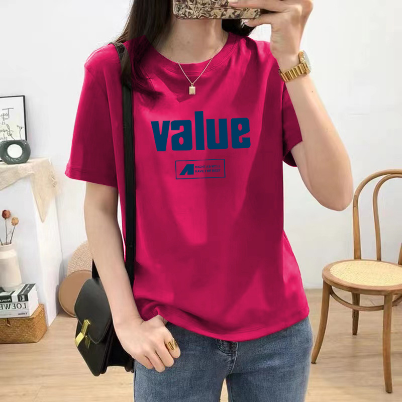树莓色纯棉短袖t恤女欧货2025新款体恤夏季显瘦体恤正肩小衫上衣