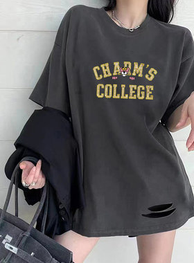纯灰色t恤女短袖纯棉宽松中长款大码2025年新款夏季印花t桖上衣潮
