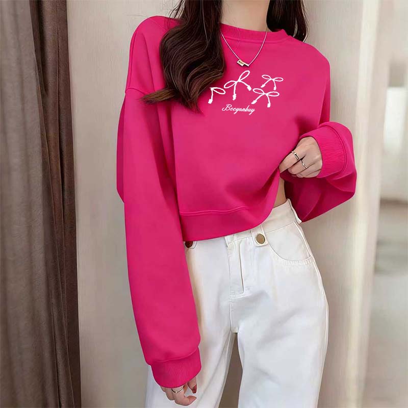 复古玫红色圆领加绒宽松卫衣女装短款高腰套头春秋冬季加厚外套