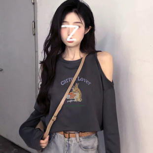 韩版chic性感长袖露肩T恤女早秋宽松慵懒风显瘦短款露脐百搭上衣