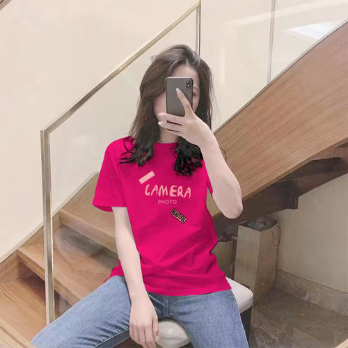 正肩纯棉短袖t恤女夏季薄款内搭2025年新款宽松火龙果色显瘦上衣