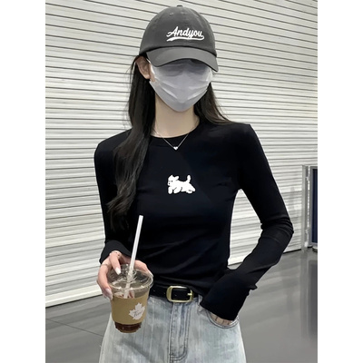 黑色纯棉小立领长袖t恤女2025新款早秋季内搭打底衫修身短款上衣