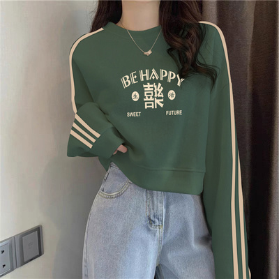 欧货大码正肩纯棉长袖短款卫衣女2025春秋冬圆领加绒加厚保暖ins